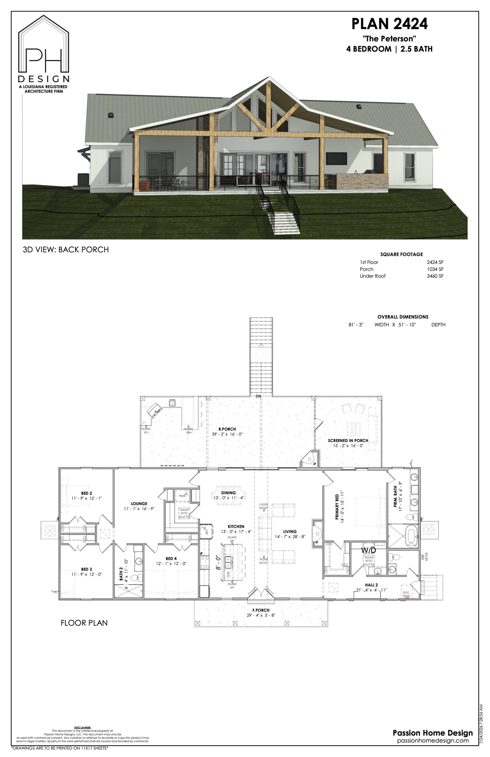 Architectural plan labeled “Plan 2424” with a 3D back porch view of a white house with wood accents on top; below is a detailed floor plan showing 4 bedrooms, 2.5 baths, and overall dimensions.