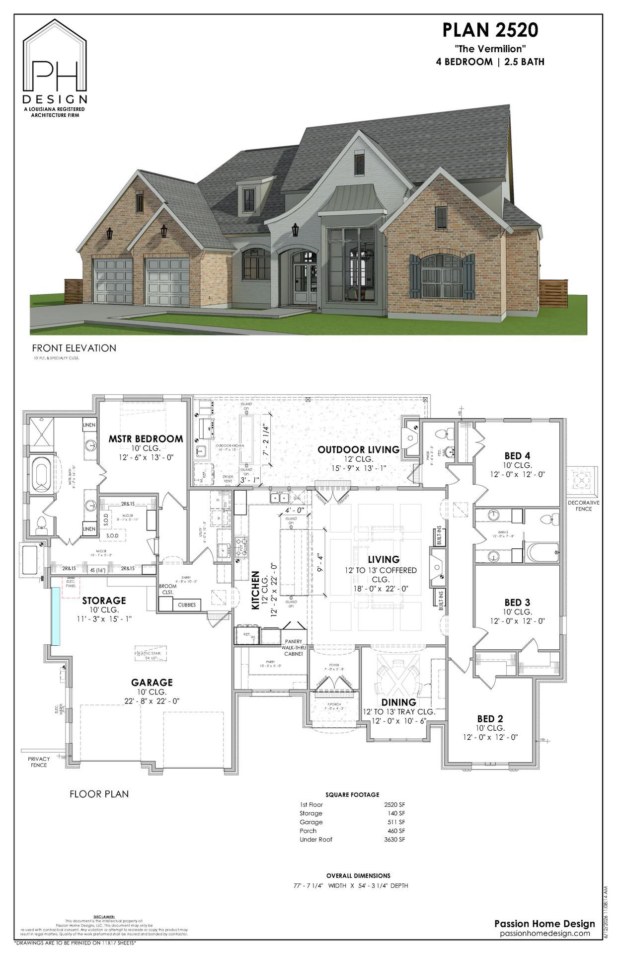 Architectural rendering and floor plan of a two-story house named “The Vermilion,” featuring four bedrooms, 2.5 bathrooms, a garage, outdoor living area, and labelled rooms. Includes overall square footage and dimensions.