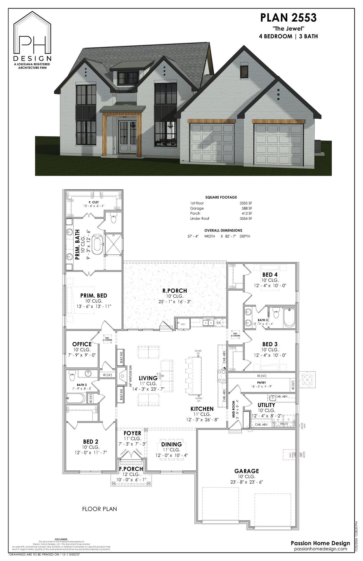 Architectural sheet shows a 3D exterior render and floor plan for a two-story home with four bedrooms, three bathrooms, a two-car garage, porch areas, living, kitchen, dining, office, and utility rooms.