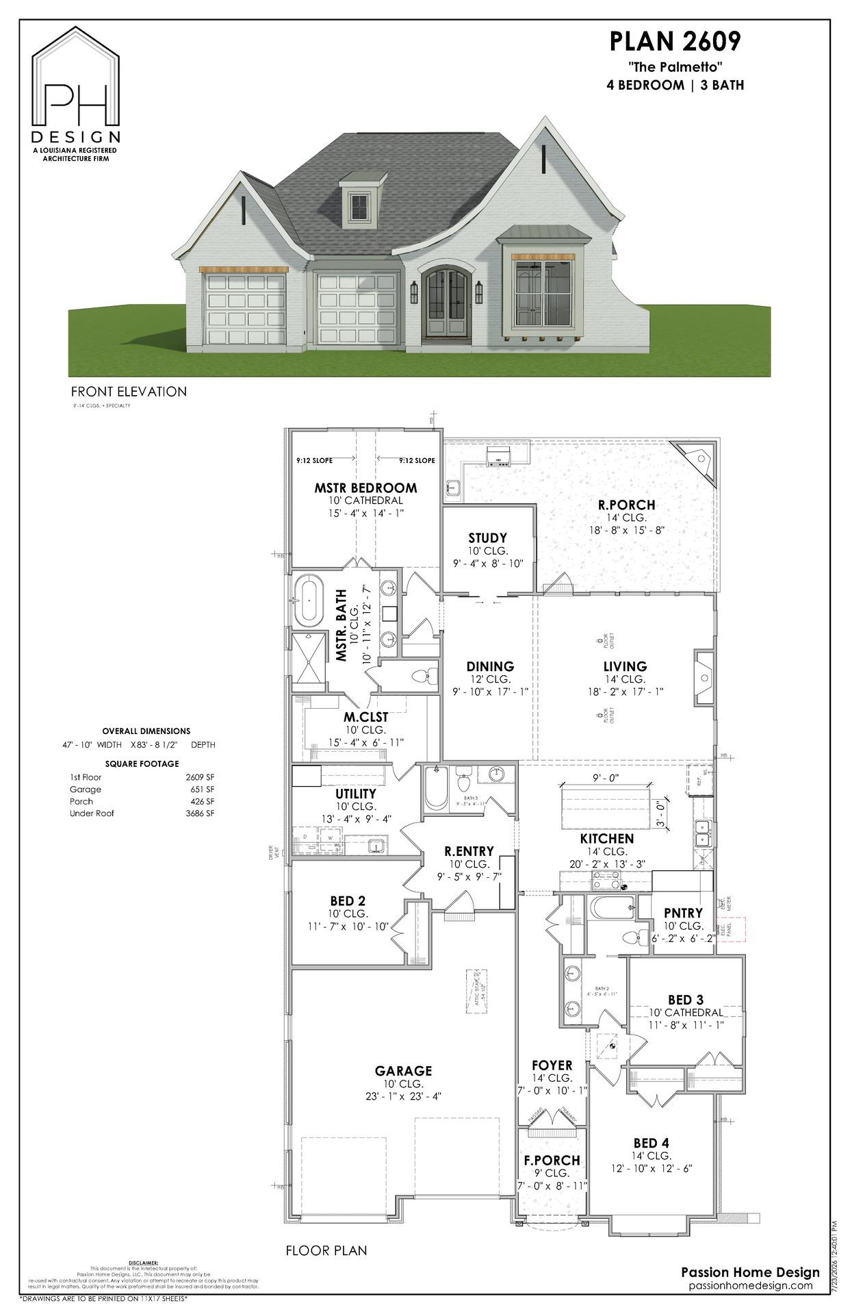Architectural plan showing a white single-story house with a three-car garage, front porch, and gabled roof. Floor plan includes four bedrooms, three baths, dining, living, kitchen, pantry, laundry, and mudroom.