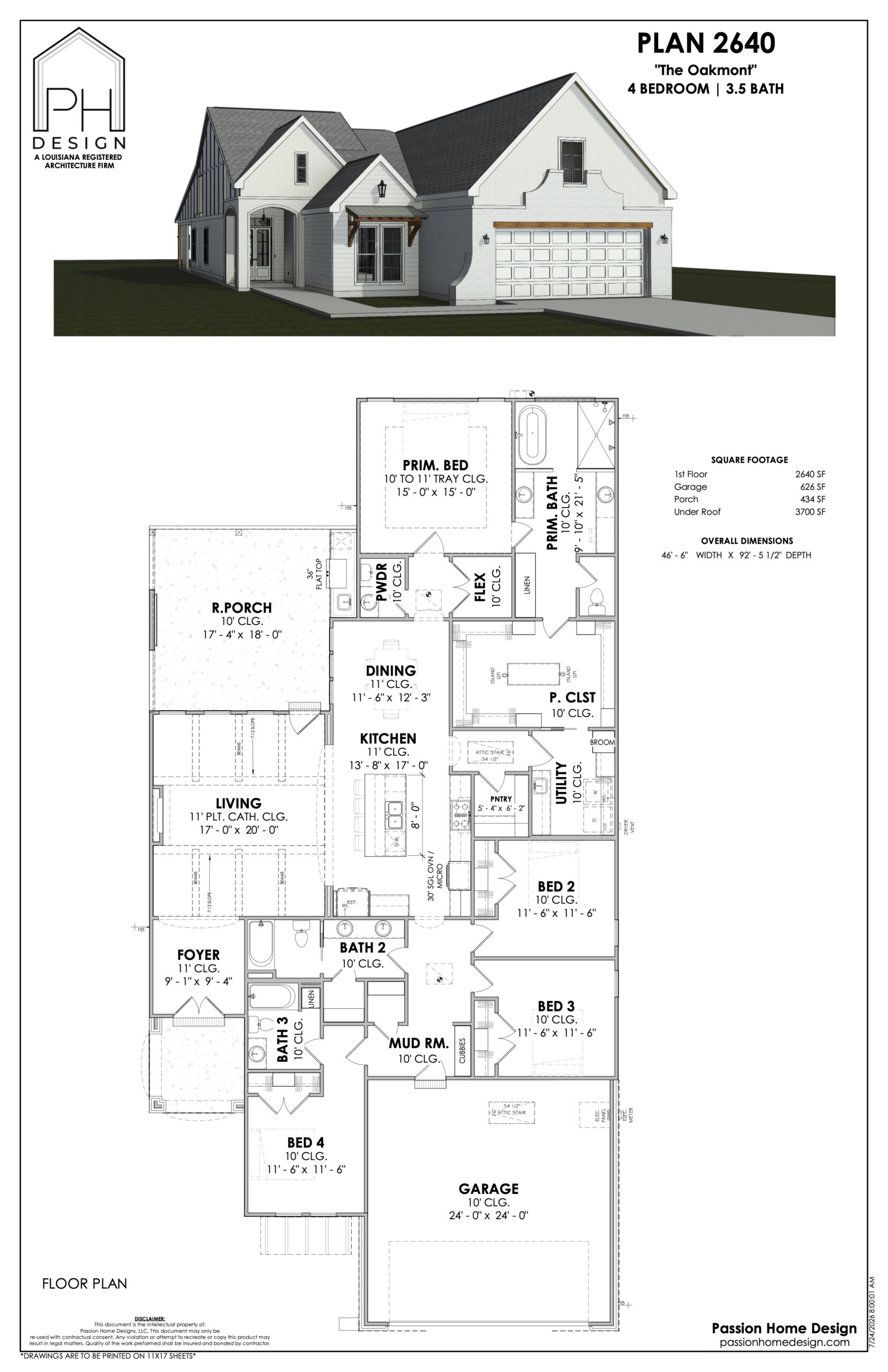Architectural plan for a single-story home labeled “Plan 2640,” showing an exterior view and detailed floor plan with four bedrooms, three and a half baths, garage, multiple living areas, and approximate room dimensions.