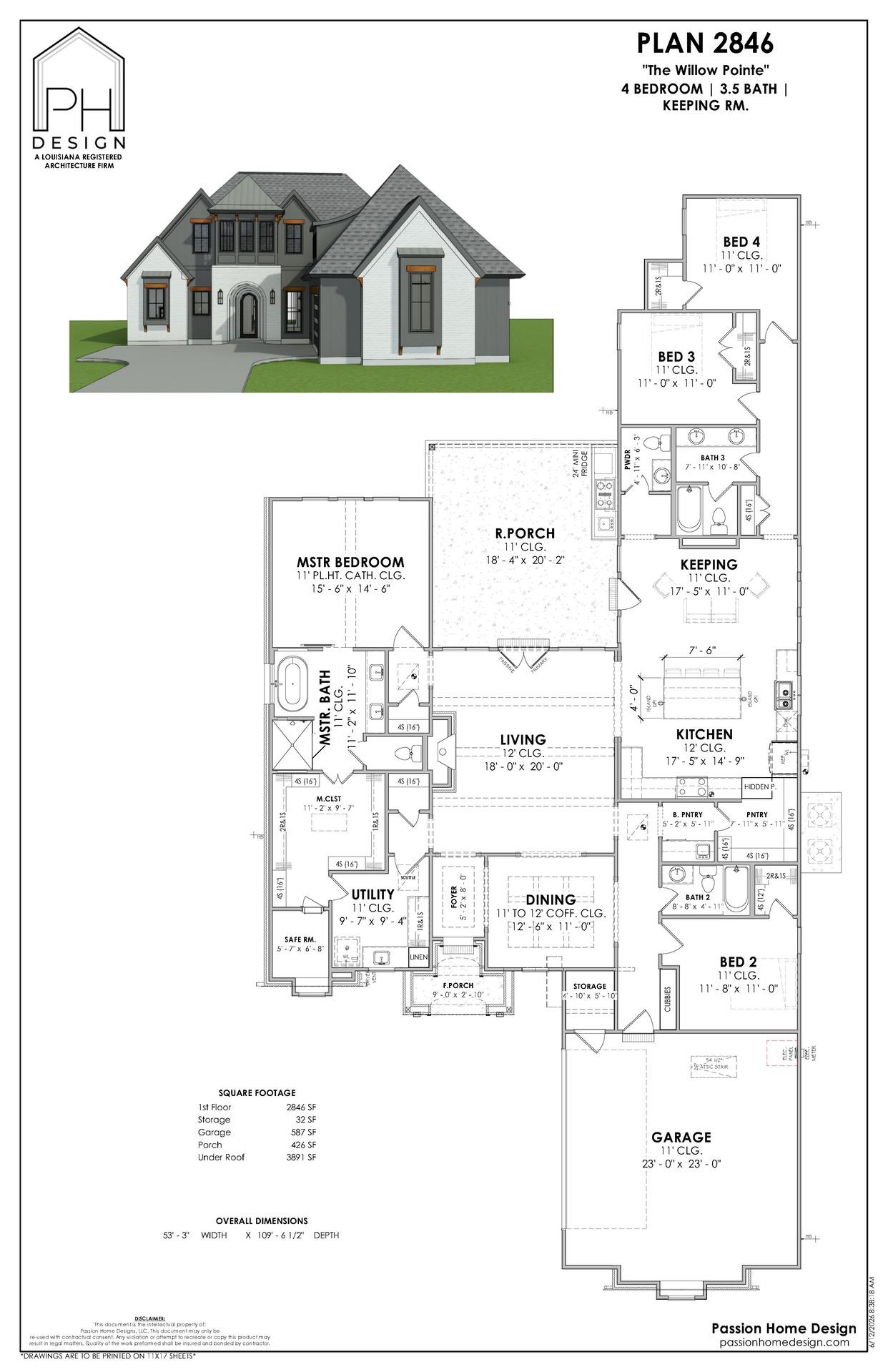 Architectural floor plan of a single-story house labeled “Plan 2846,” featuring four bedrooms, three and a half baths, garage, living areas, and a front elevation image of the house in the top left corner.