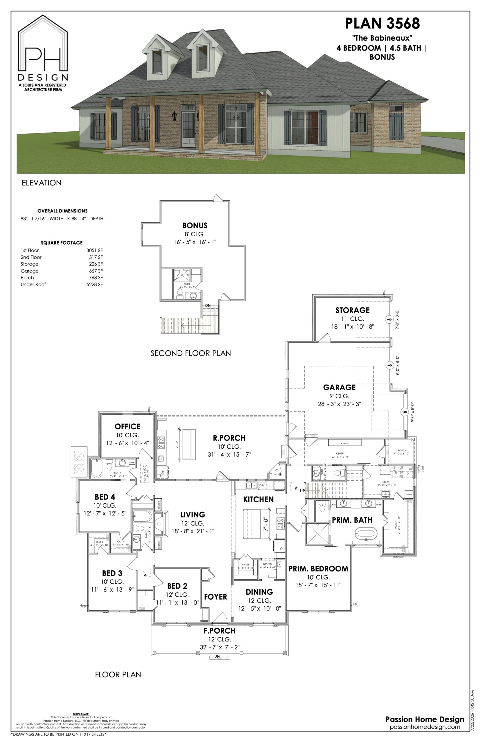 Architectural drawing showing a two-story house with a brick exterior, labeled “Plan 3568.” Includes a perspective view, dimensions, and floor plans for both levels, featuring four bedrooms, 2.5 baths, a garage, and bonus room.