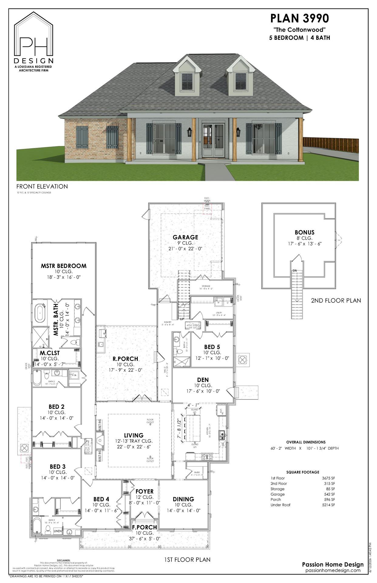 Architectural plan for a two-story, five-bedroom, four-bath house. Includes a front elevation view, labeled floor plans for each level, room dimensions, and a garage. Title and company logo appear at the top left.