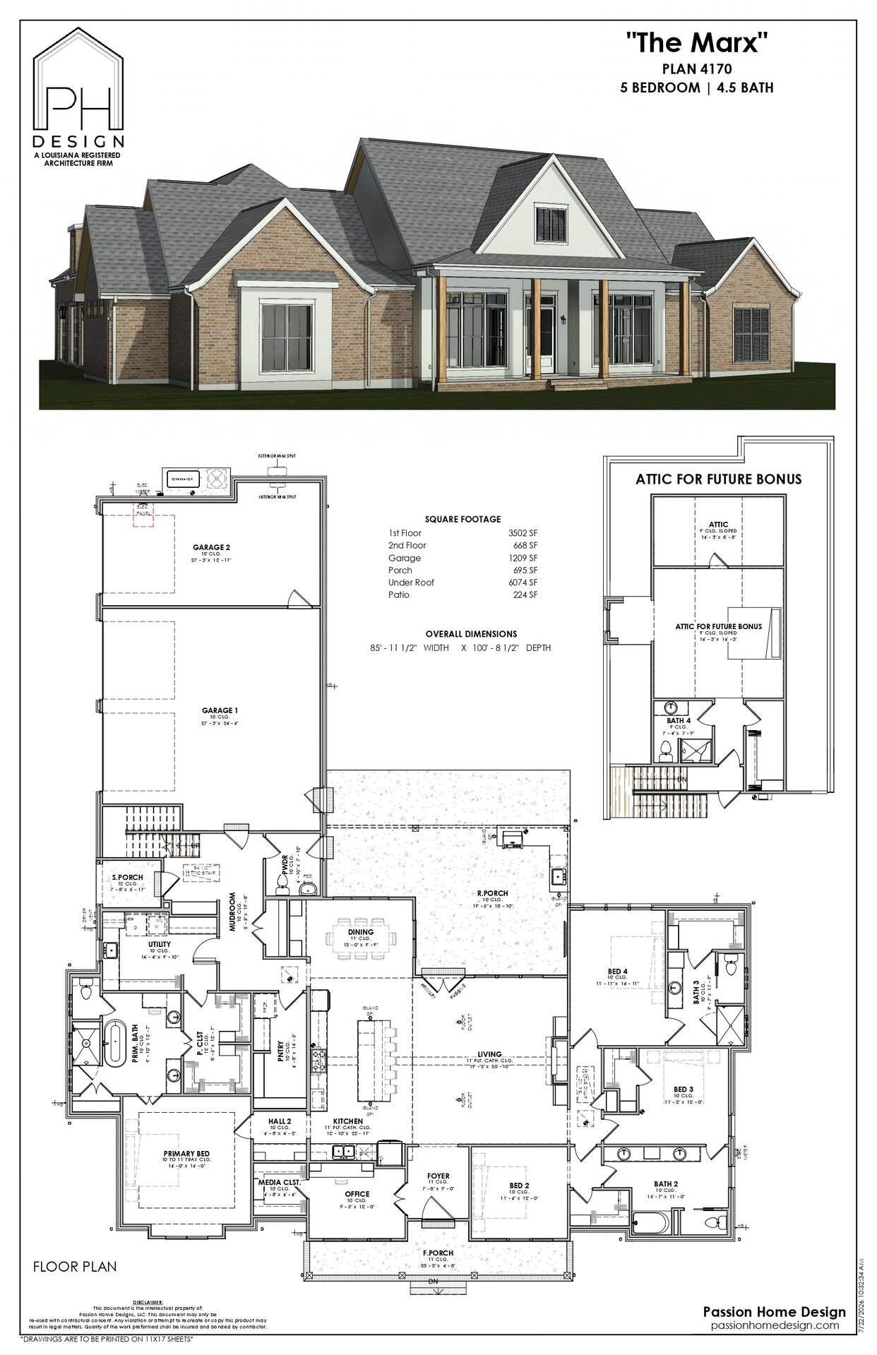 Architectural plan for a single-story, five-bedroom, 1.5-bath home called “The Marx.” Includes exterior illustration, detailed floor plan, attic layout, dimensions, and room labels, designed by Passion Home Design.