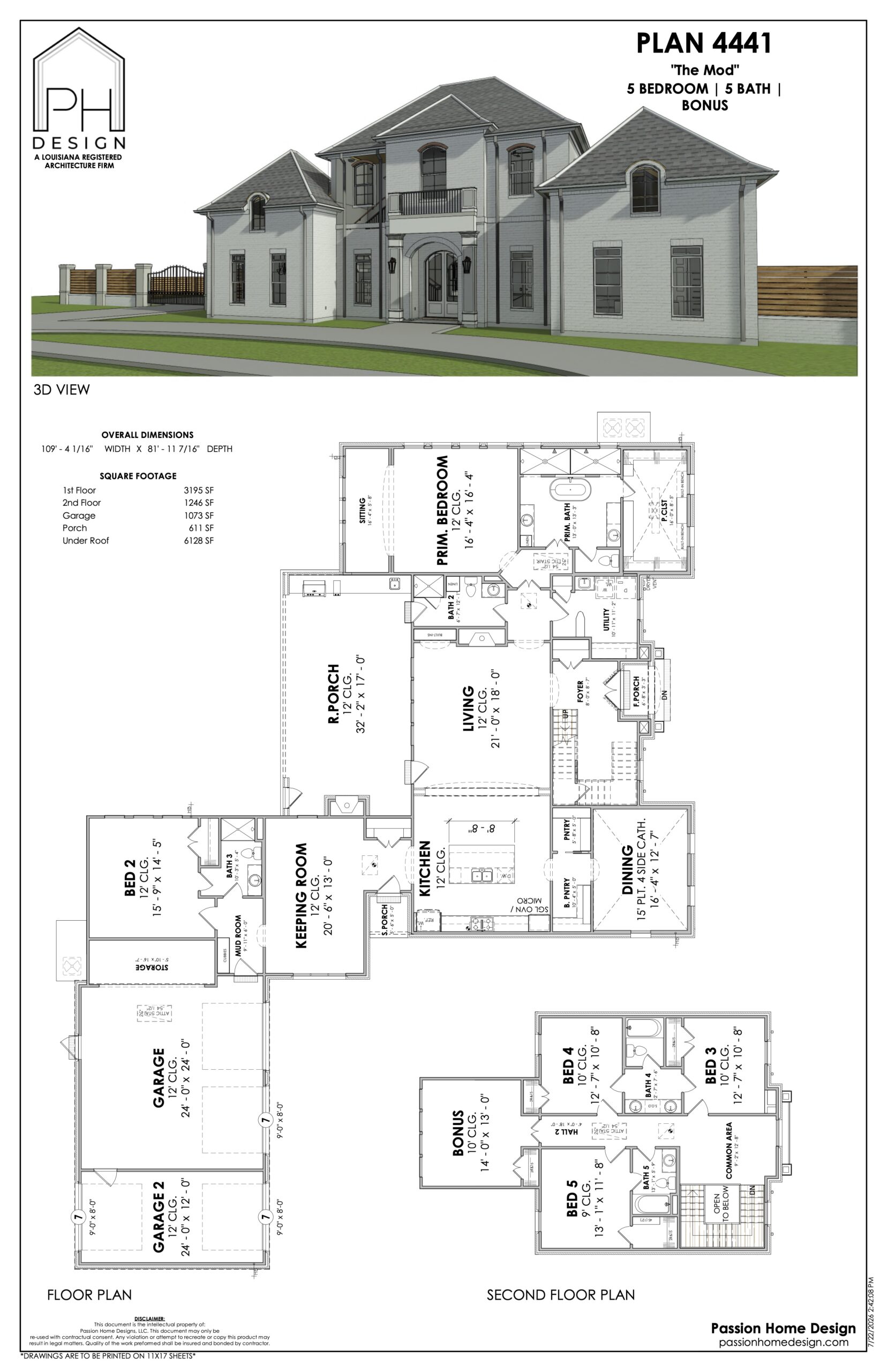 Architectural plan for a two-story house labeled Plan 4441, showing a 3D exterior view and detailed floor plans for both levels, including labeled rooms, garage, and staircases.