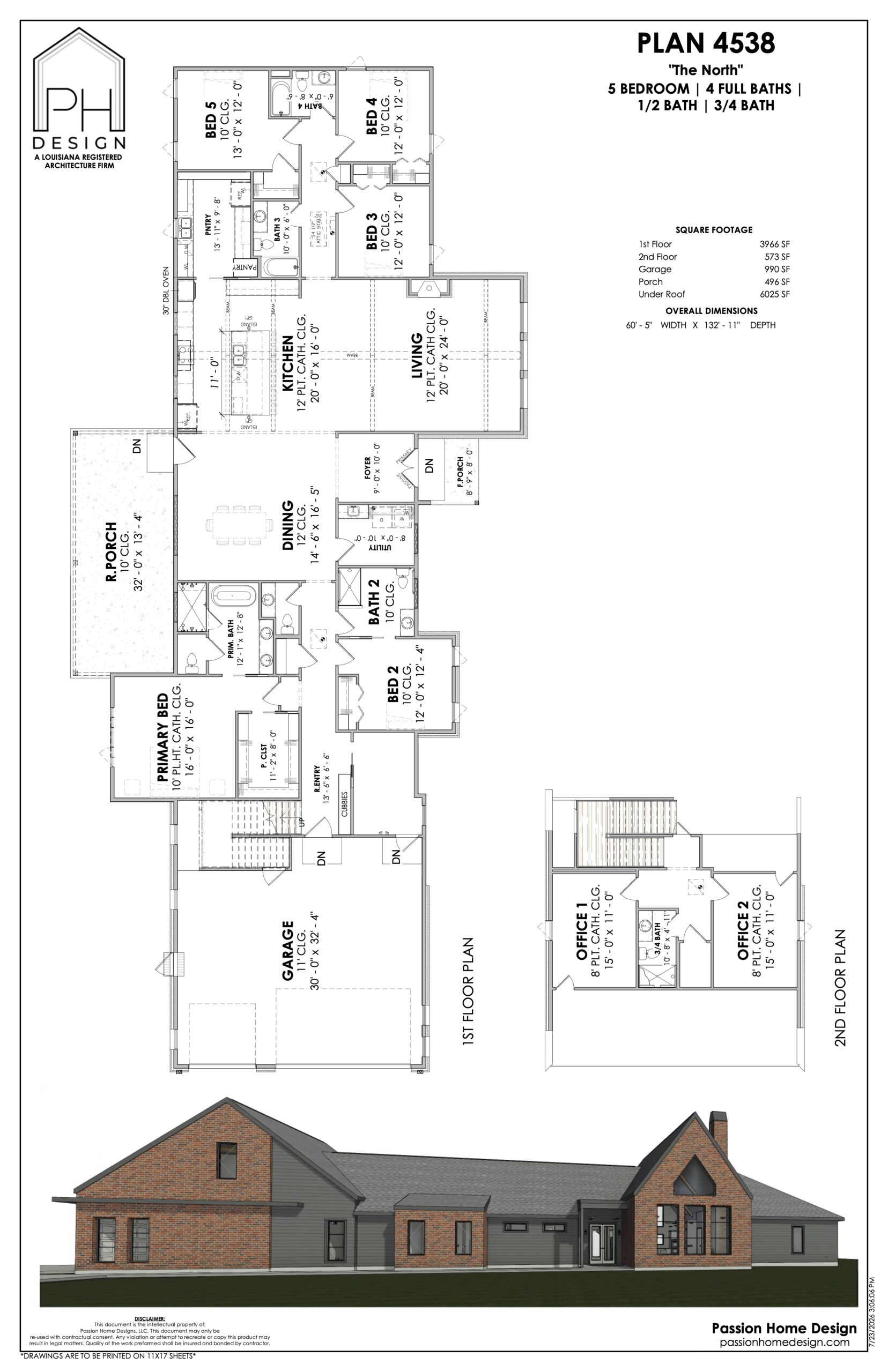 Architectural floor plan for a single-story, five-bedroom house with front elevation rendering. The layout shows rooms, garage, porches, and bathrooms, with labeled dimensions and a side profile of the brick exterior.