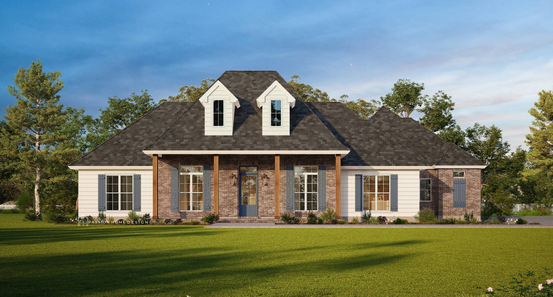 A single-story house with brick and white siding, two dormer windows, wooden pillars on the front porch, and a dark shingled roof, surrounded by grass and trees under a clear blue sky.