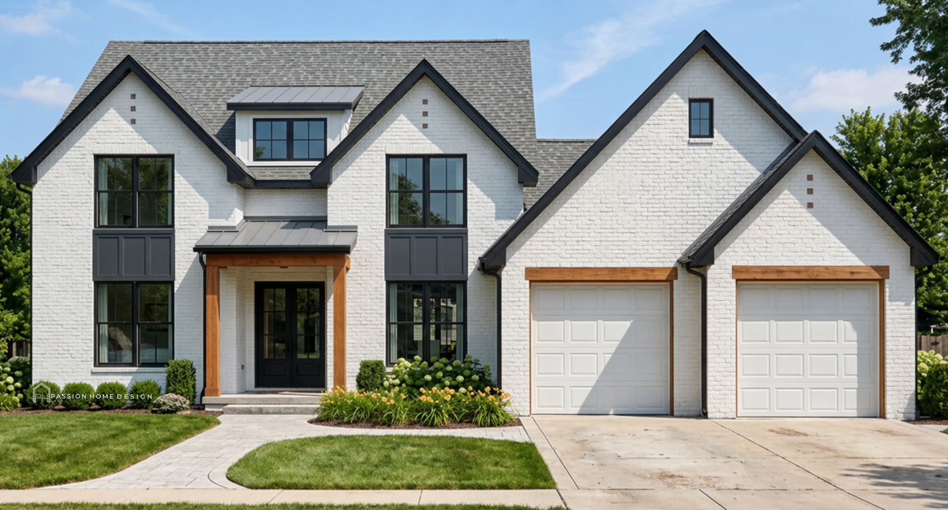 A modern two-story house with white brick exterior, dark trim, and a double garage. The front yard has green grass, shrubs, and a concrete driveway, with trees in the background under a blue sky.
