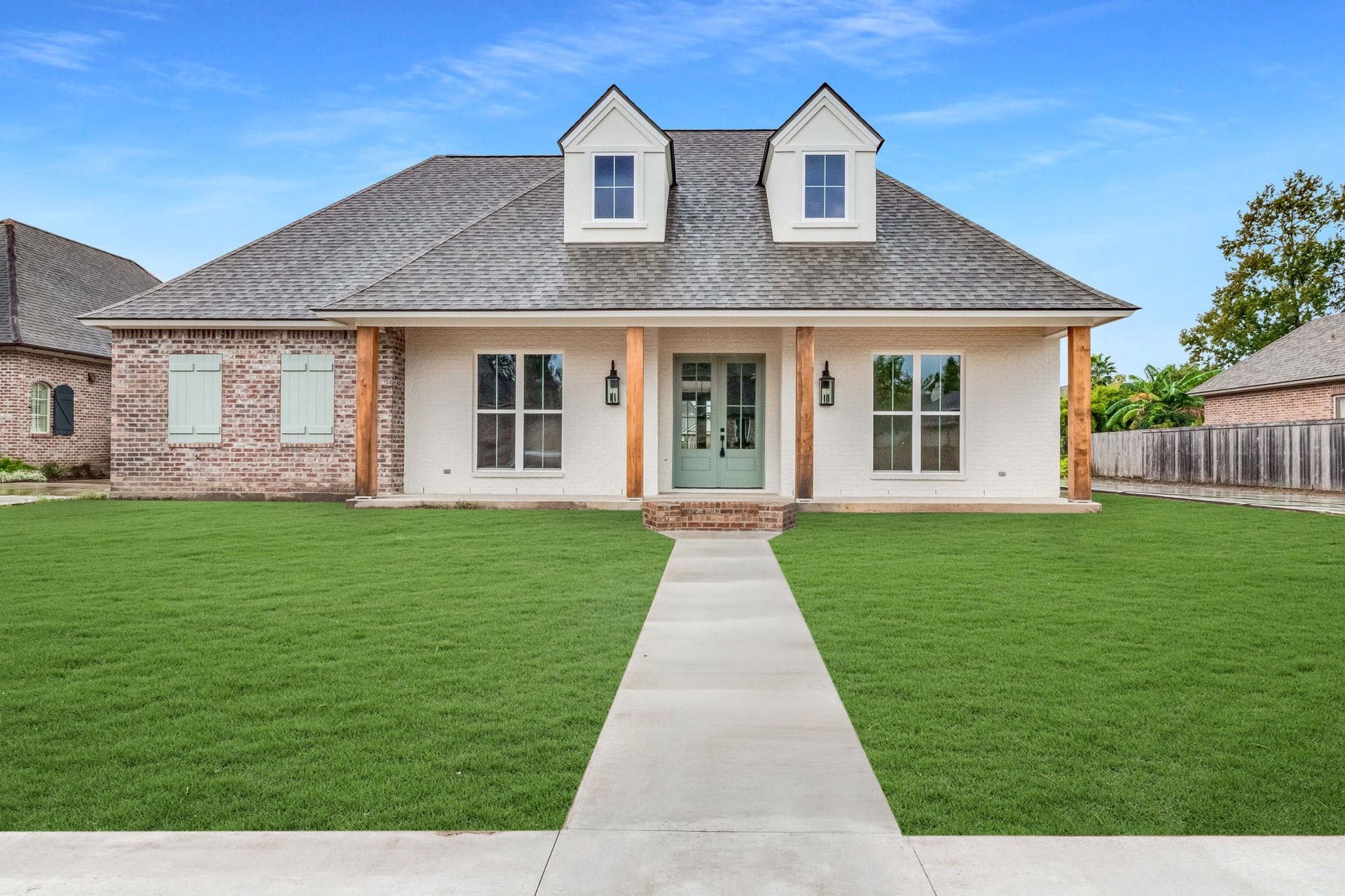 Single-story brick house with two dormer windows, a covered front porch supported by wooden columns, light green shutters, and a wide freshly mowed lawn with a concrete walkway leading to the front door under a blue sky.
