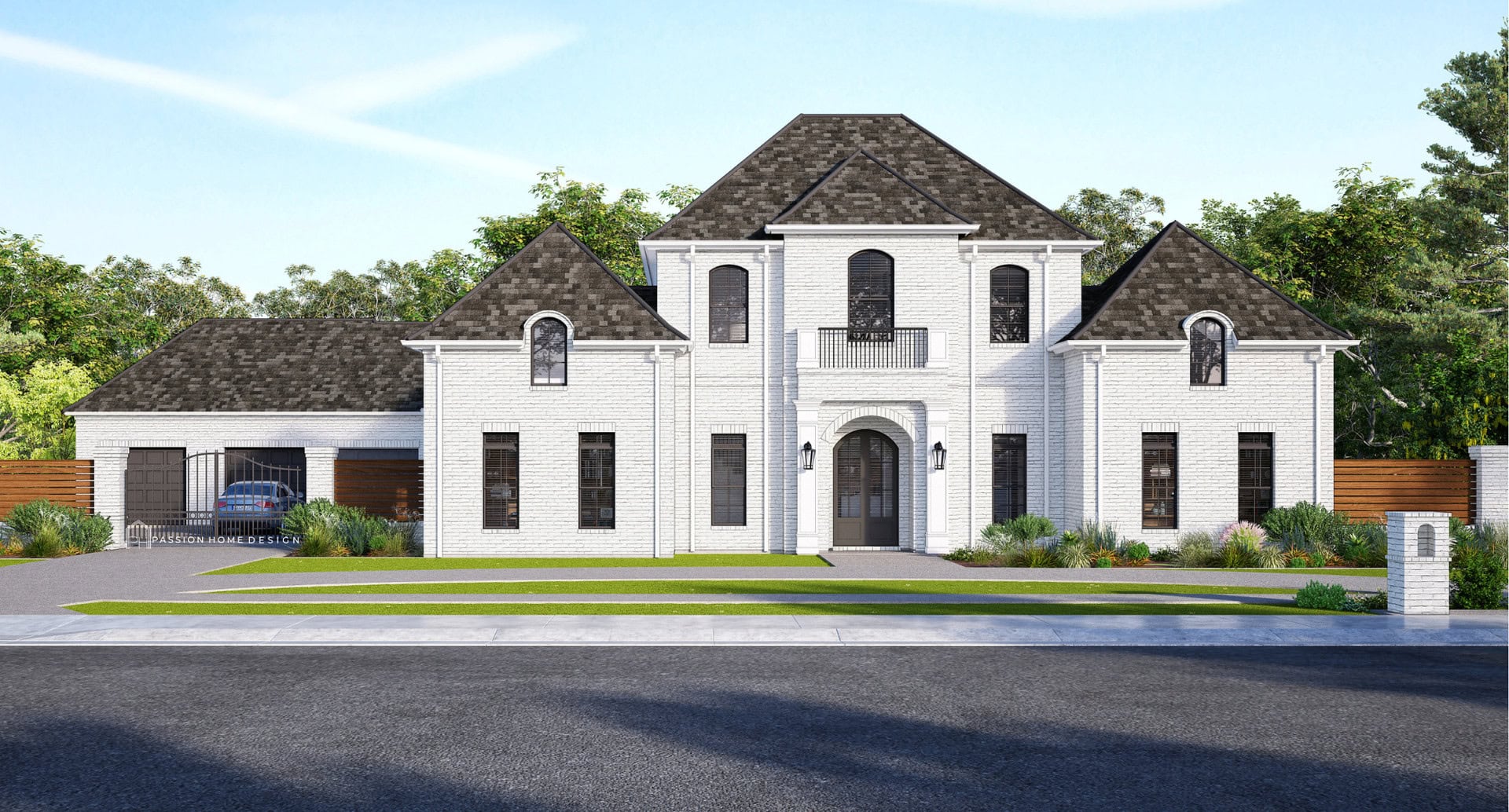Two-story white brick house with dark gray roof, arched windows and doors, landscaped yard, and a driveway with a parked car, all set against a background of trees and a blue sky.