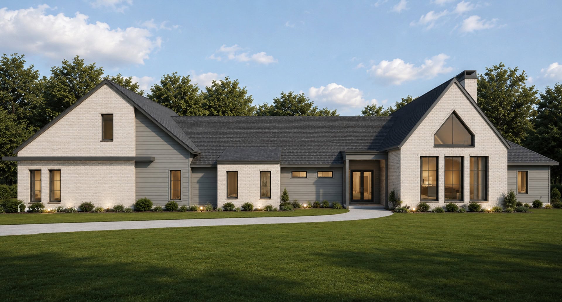 Modern single-story house with white brick and gray siding exterior, dark roof, large windows, and a central front entrance. The house sits on a grassy lawn with small shrubs and trees in the background under a partly cloudy sky.