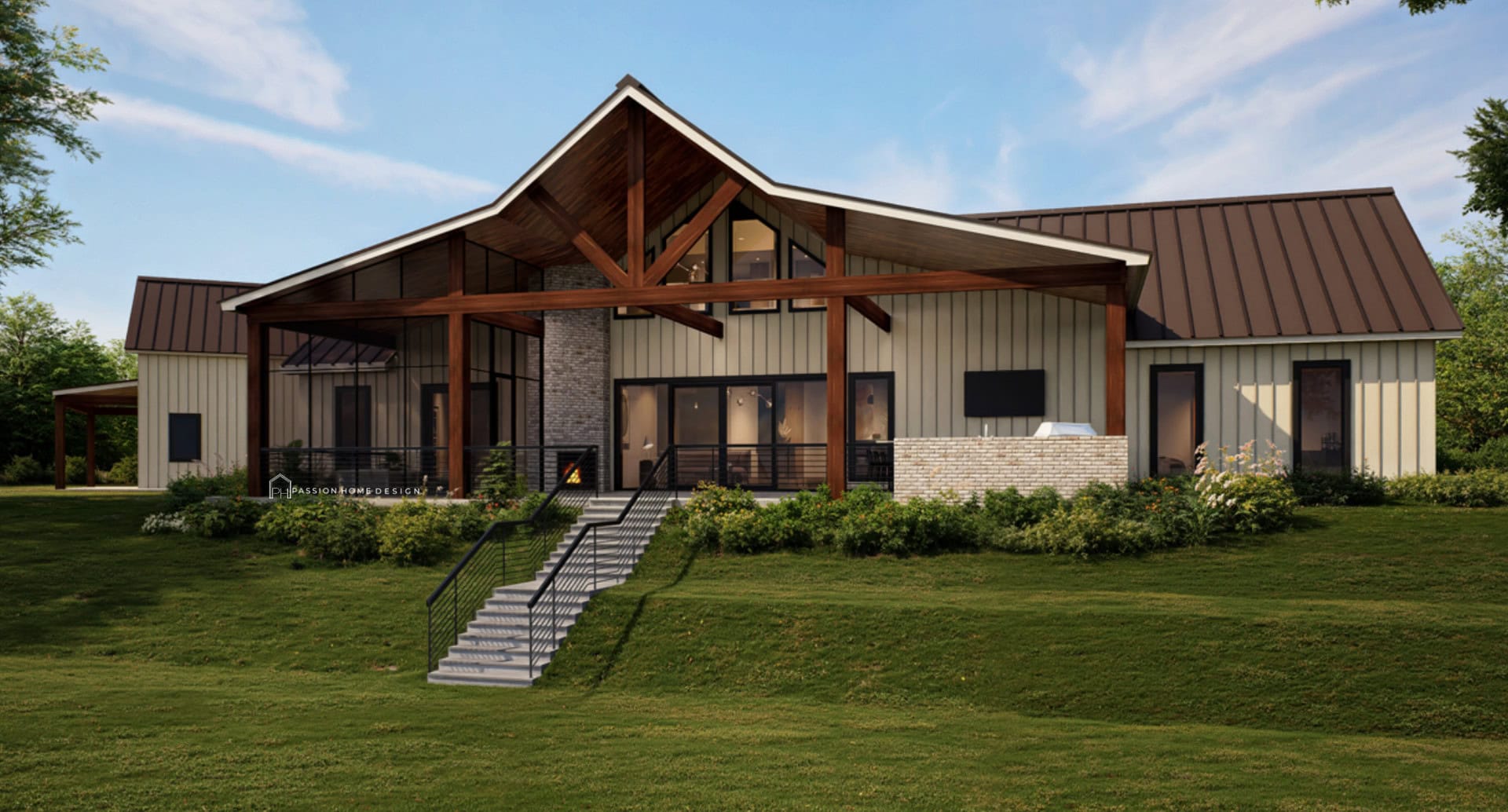 Modern house with a large wooden porch, stone steps, metal roof, tall windows, and a mix of stone and siding exterior. The house sits on a grassy lawn under a clear blue sky.