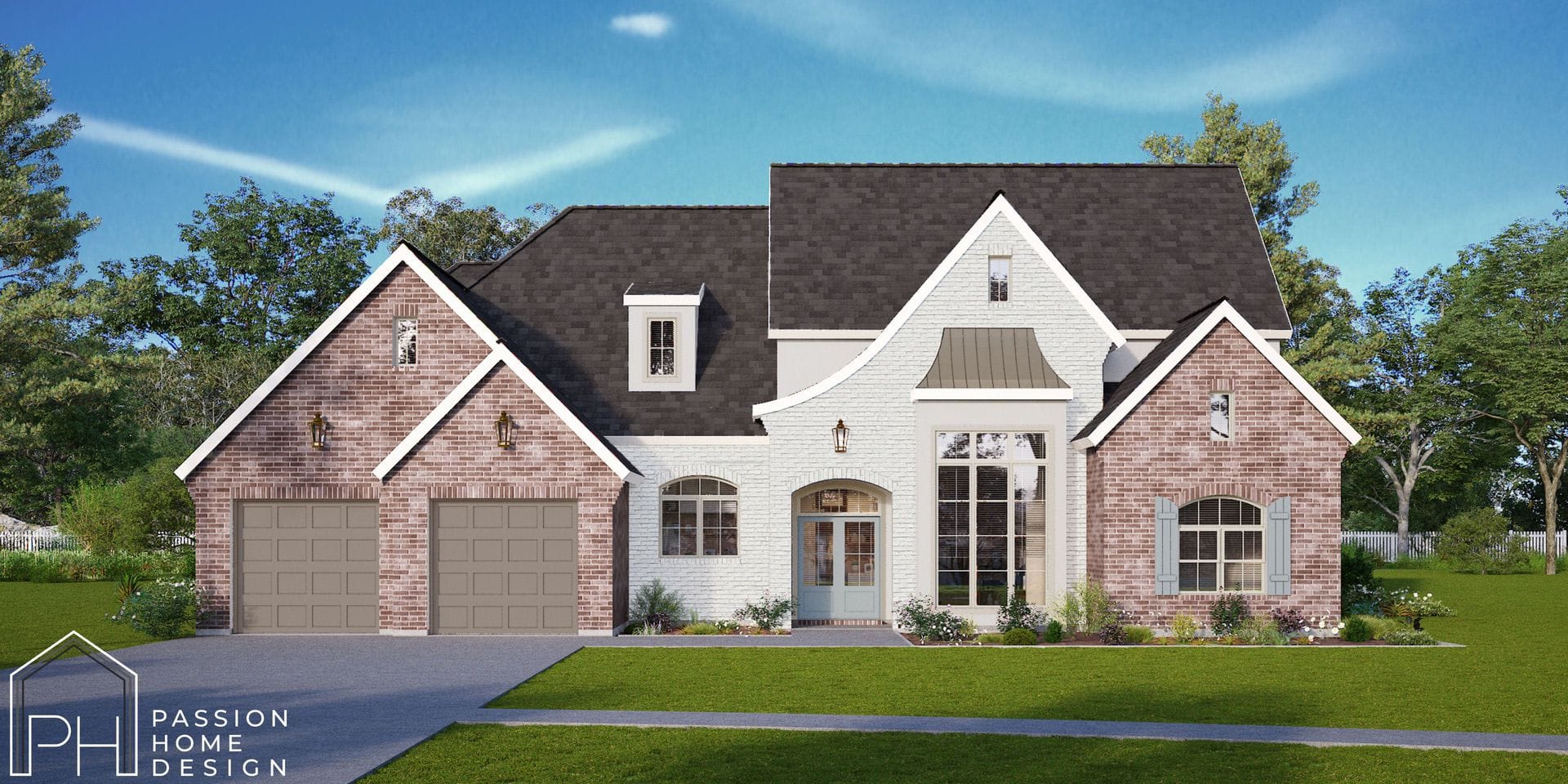 A two-story brick house with a double garage, steep dark roof, arched front door, tall windows, and green lawn; trees and blue sky in the background. “Passion Home Design” logo is in the lower left corner.