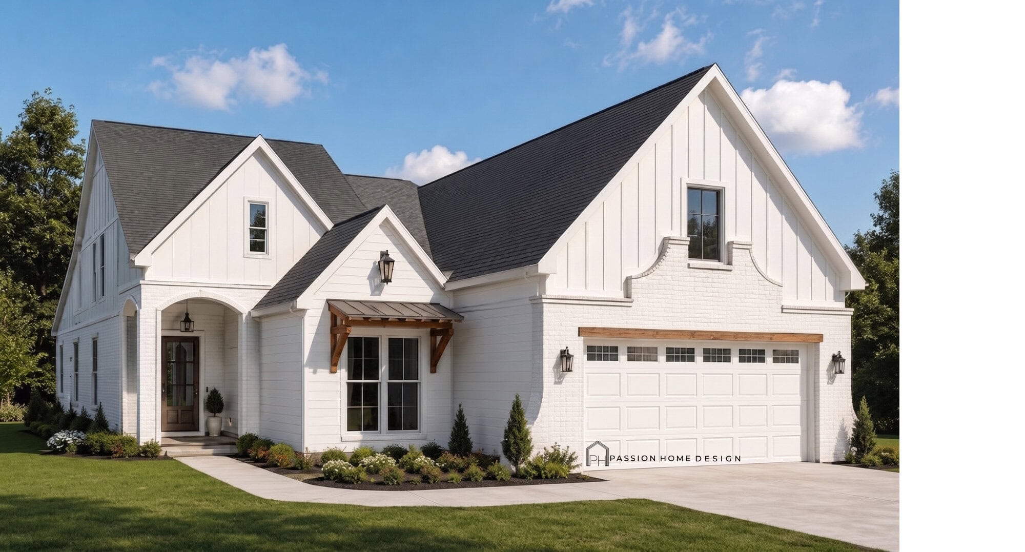 A modern white farmhouse with black shingle roof, double garage, front porch, and landscaped yard sits under a blue sky. The facade features wood accents and large windows. “Passion Home Design” is written near the garage.