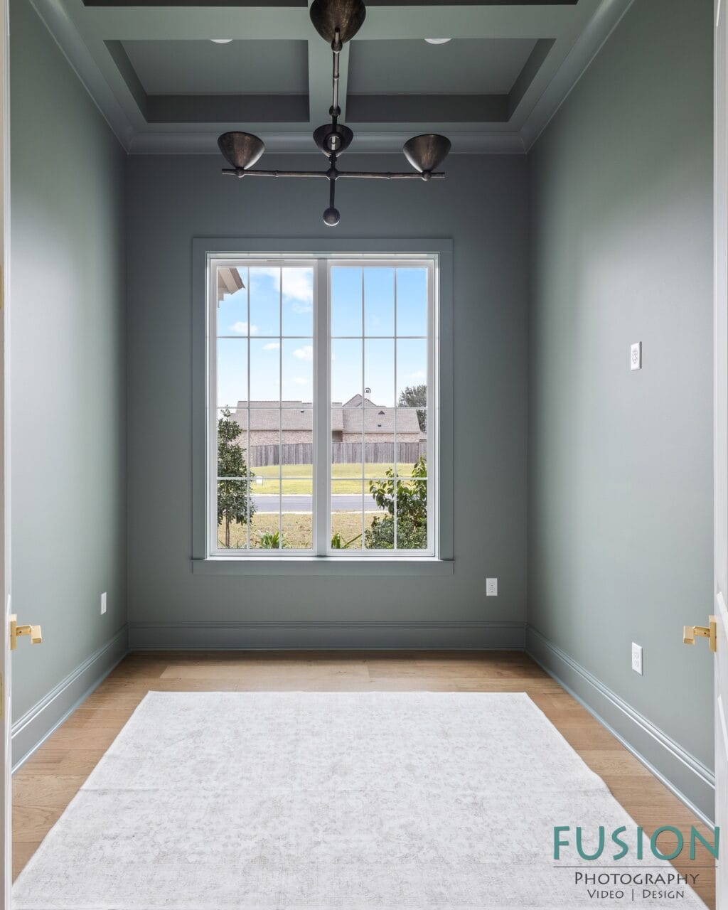 Empty room with sage green walls, a light-colored area rug on hardwood floors, a large window, and a dark metal chandelier.